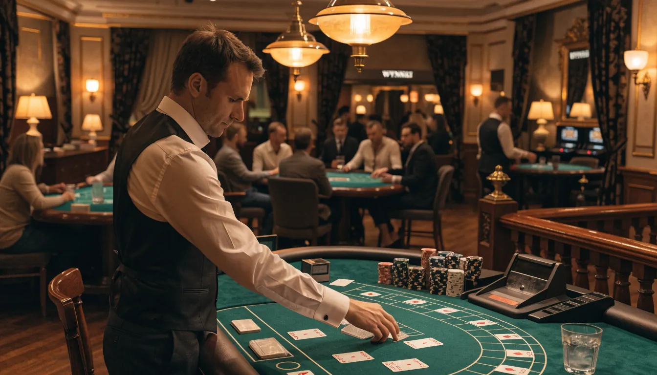Krupier przy stole do blackjacka w eleganckim kasynie
