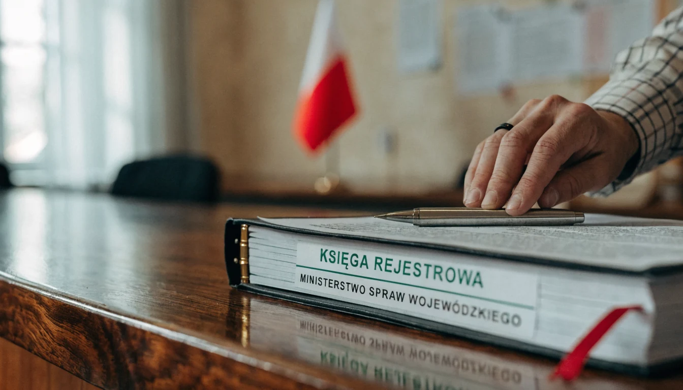 Urzędowy rejestr z piórem i flagą Polski