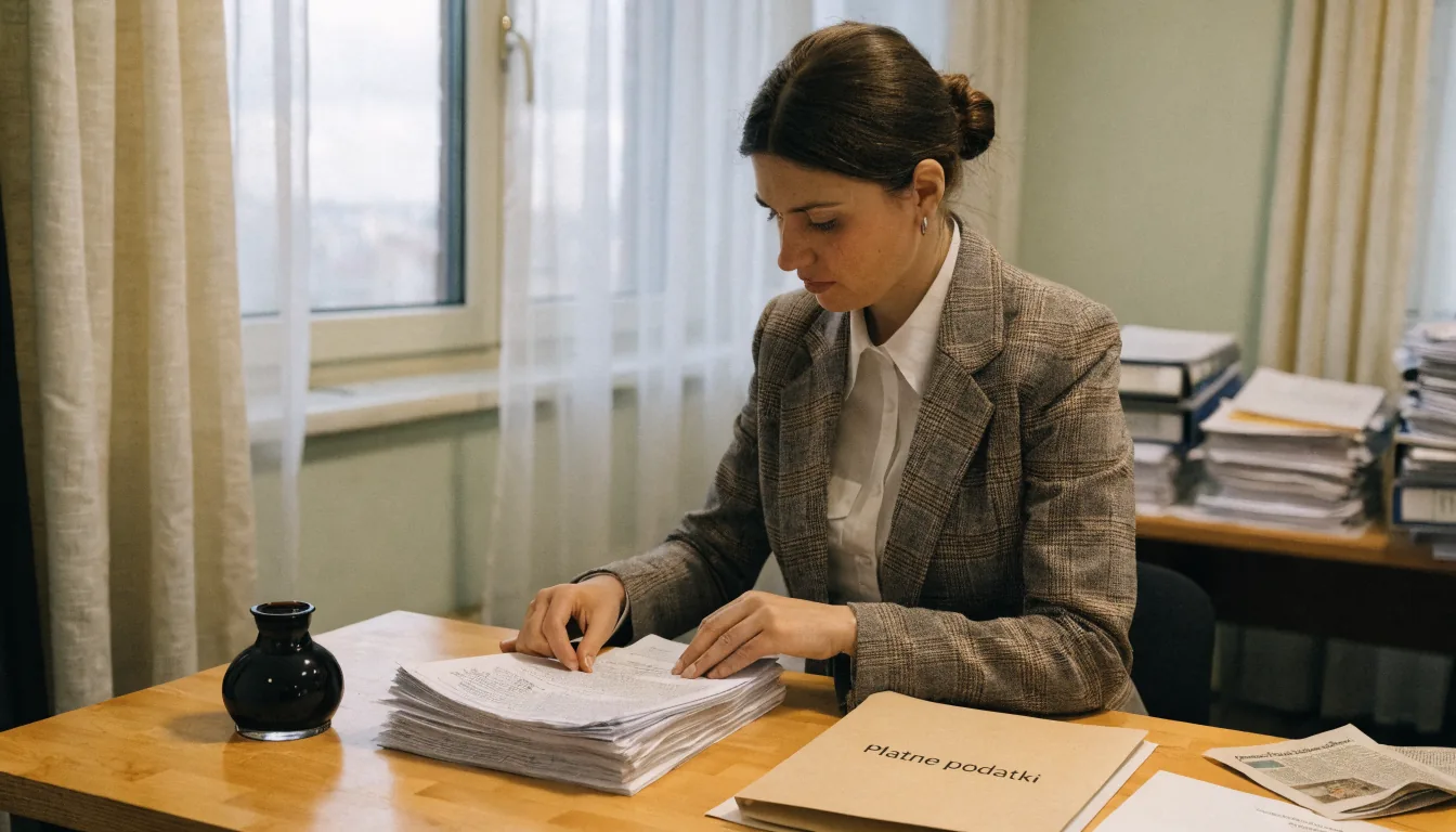 Księgowa porządkuje formularze podatkowe w biurze