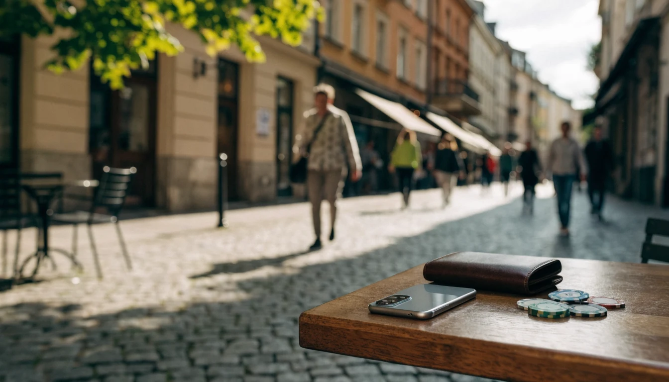 Smartfon leżący ekranem do dołu na stole w polskiej kawiarni, obok żetony pokerowe i portfel.