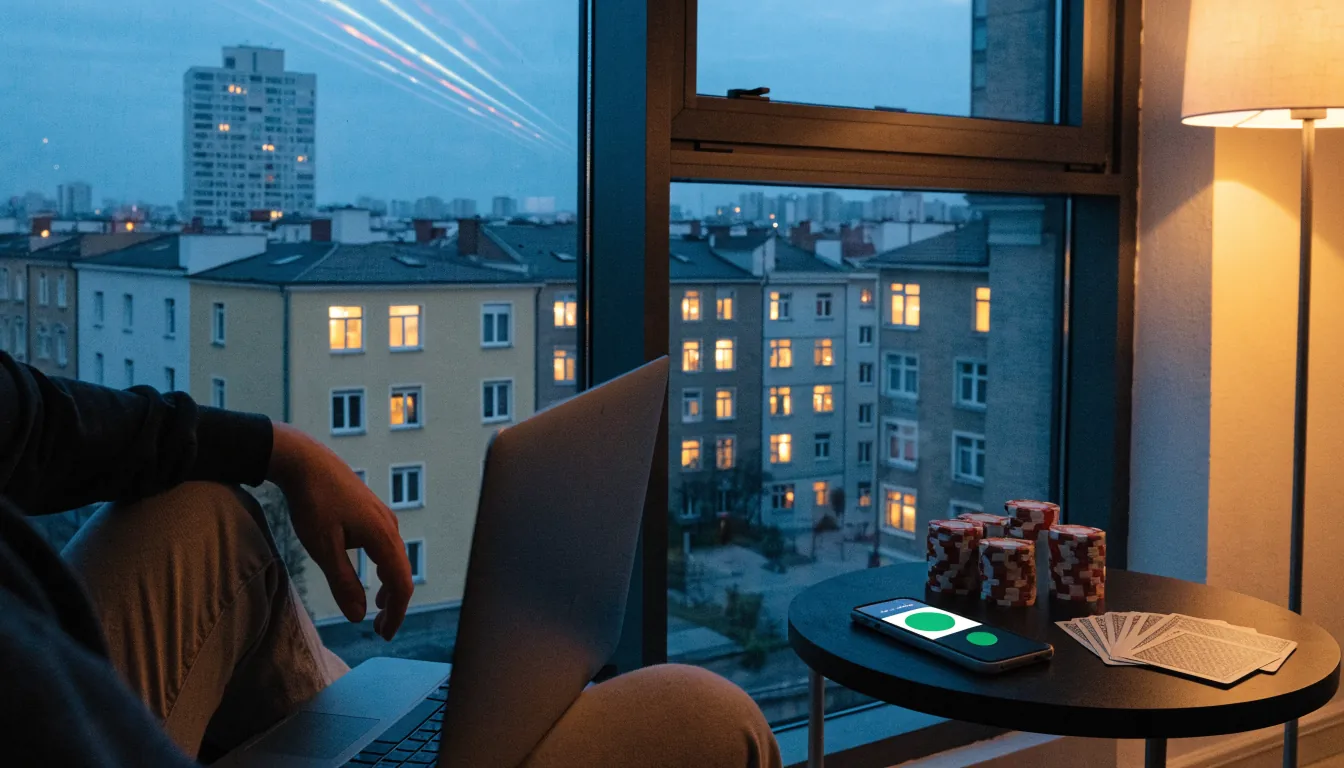 Osoba na kanapie z laptopem, telefon z włączonym VPN, żetony kasynowe na stoliku, polskie miasto za oknem
