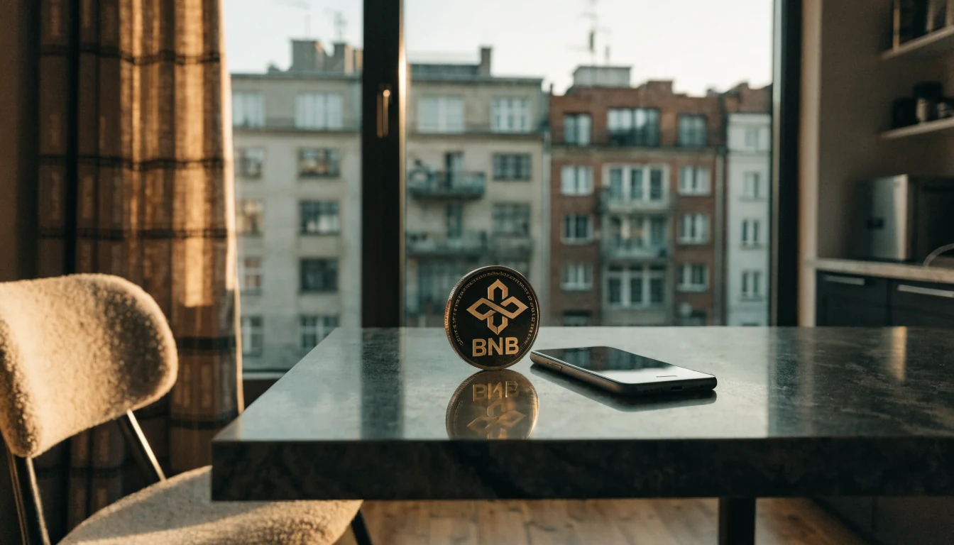 Moneta BNB obok smartfona w nowoczesnym polskim wnętrzu.