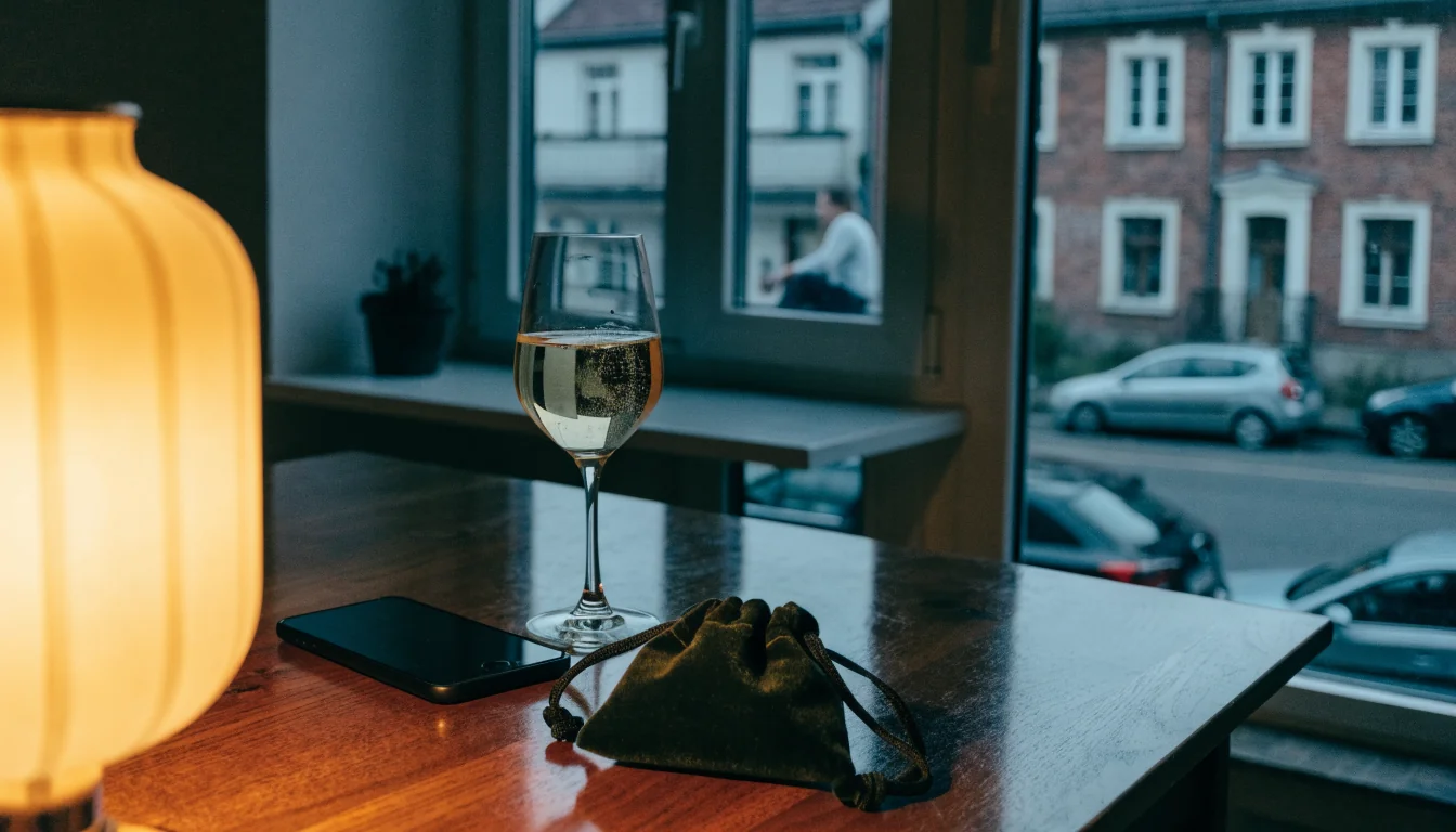 Wieczór w polskim mieszkaniu, lampa oświetla stół z telefonem i kieliszkiem musującego wina.