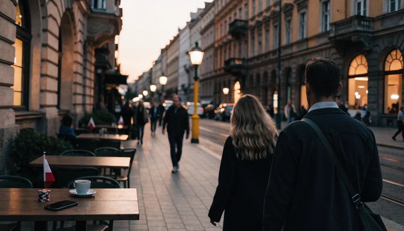 Wieczór w polskim mieście z telefonem i żetonami do gier na stoliku.