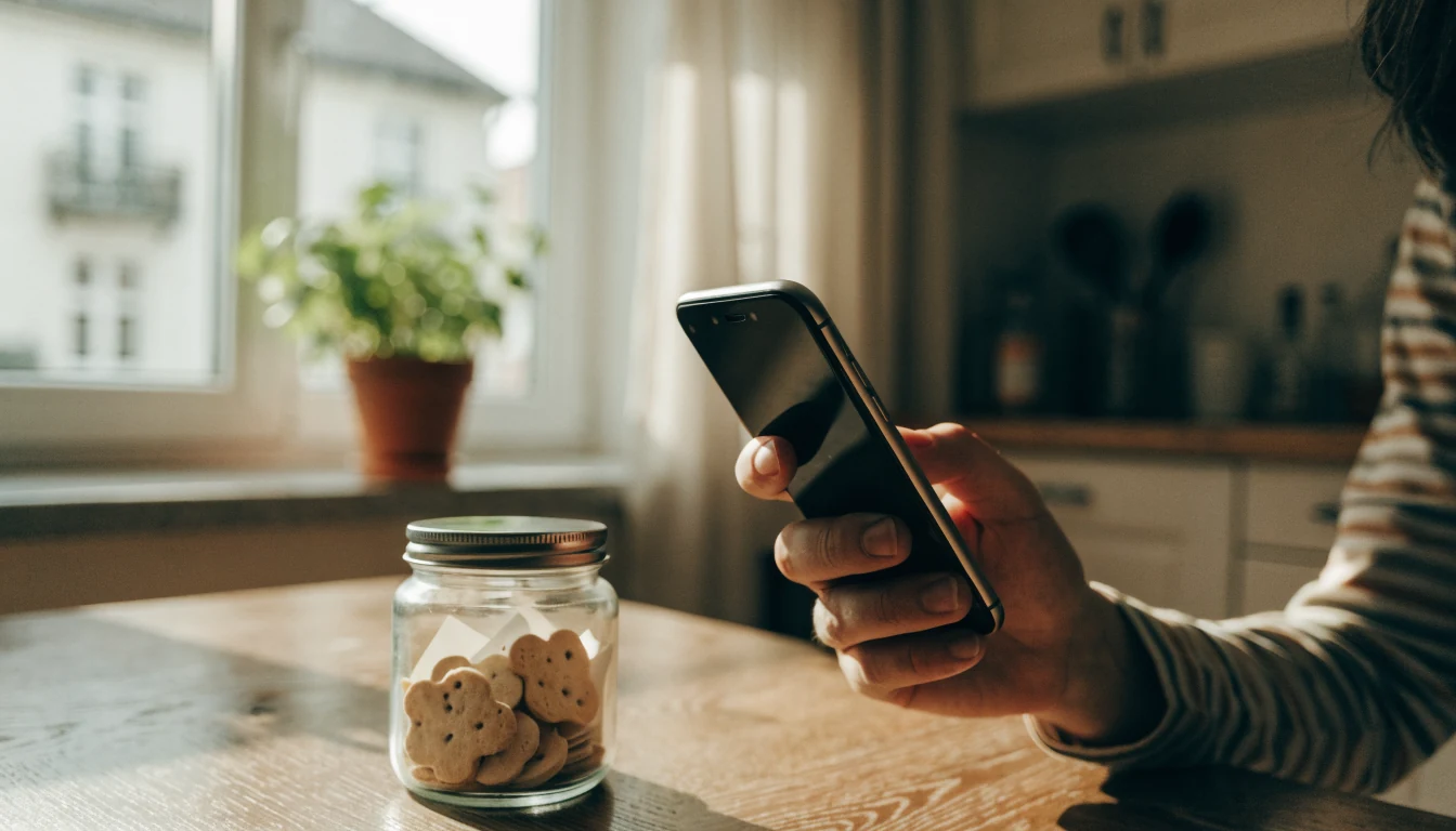 Dłoń trzymająca smartfon obok słoika z ciasteczkami na drewnianym stole w polskim mieszkaniu.